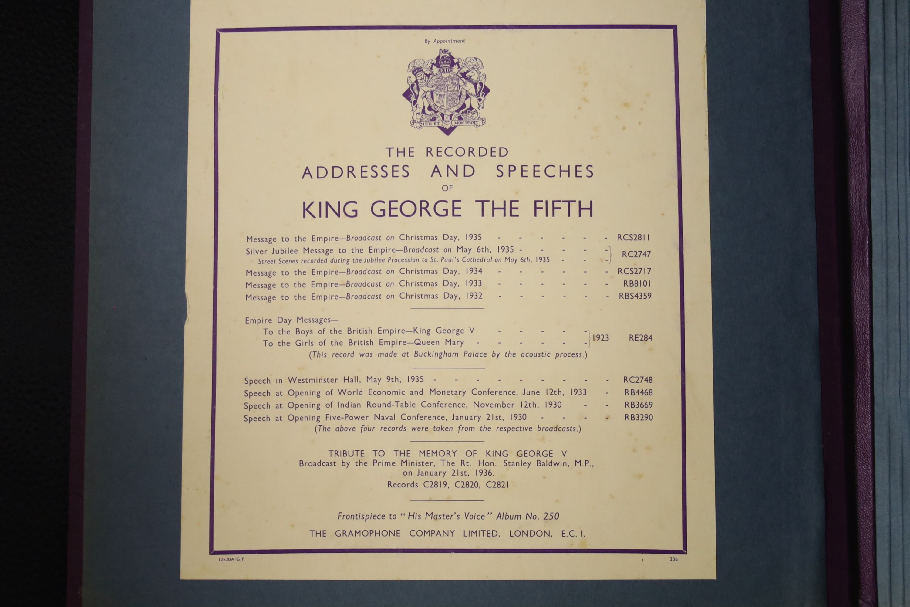 An album of thirteen 78rpm vinyl records, 'The Recorded Speeches Of King George V', HMV, 1930's
